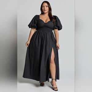 Showpo. Black Shirred Puff Sleeve Raiza Midi Dress NWT